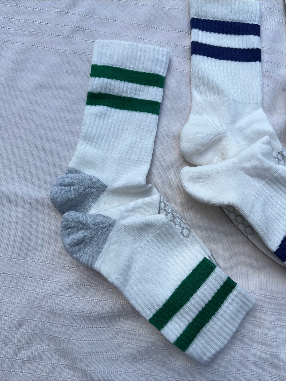 Bombas White Athletic Crew Socks with Green and Navy Stripes - Picture 12 of 14